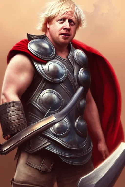 Image similar to Boris Johnson as Thor with axe, Boris Johnson hairstyle, full body realistic portrait, highly detailed, muscular body, digital painting, artstation, concept art, smooth, sharp focus, illustration, cinematic lighting, art by artgerm and greg rutkowski and alphonse mucha