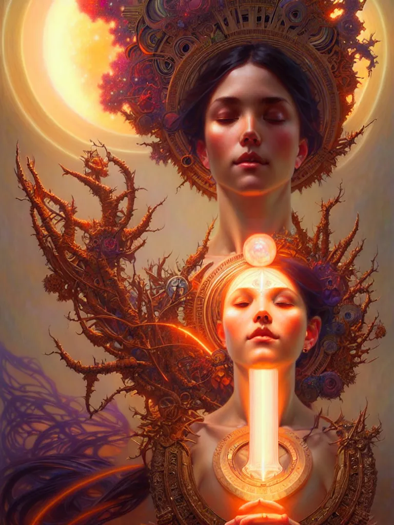 Prompt: ultra realistic, altar of cosmic goddess, intricate details, eerie, awakening, artstation, atmospheric, highly detailed, photorealistic, hyperrealism, 8k, art by artgerm and greg rutkowski and alphonse mucha