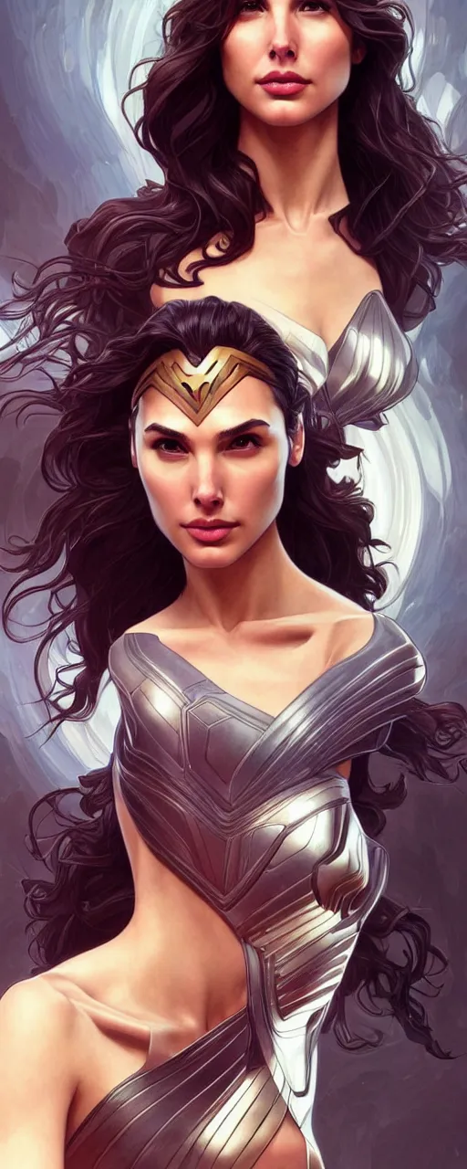 Image similar to very very beautiful longshot photo of Gal Gadot , intricate, elegant, highly detailed, artstation, concept art, smooth, sharp focus, illustration, art by artgerm and moebius and alphonse mucha