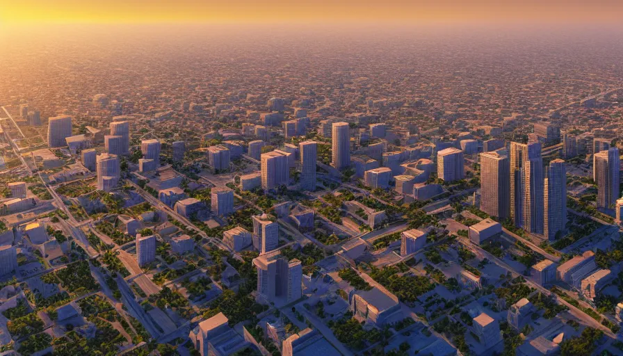 Prompt: view from santa monica of los angeles with gigantic glass buildings, multiples forms, huge crowded park with a lake, sunrise, hyperdetailed, artstation, cgsociety, 8 k