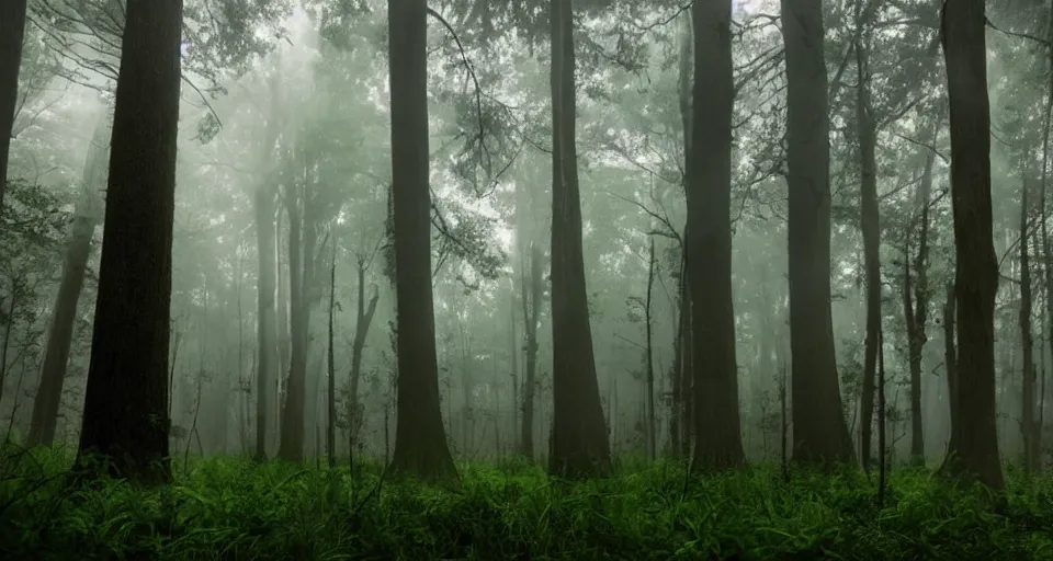 Prompt: a magical forest, thick fog, fireflies flying, big trees, epic lighting, cinematic 4K