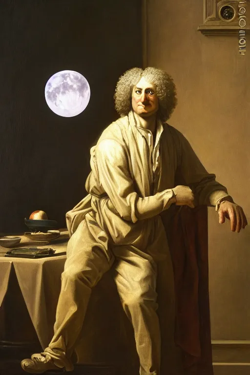 Prompt: Isaac Newton, the apple and the moon, oil on canvas, intricate, 8k highly professionally detailed, HDR, CGsociety, in the style of the Brothers Hildebrandt