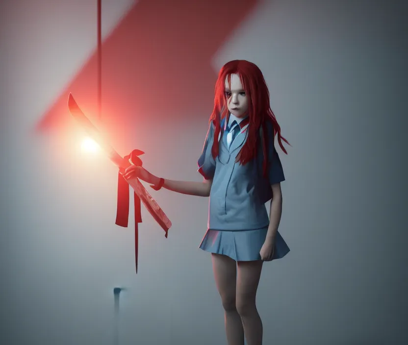 Image similar to school girl holding a knife and standing on an abandoned hospital room with red ceiling lighting and several blue lights on the walls, gloomy and foggy atmosphere, octane render, artstation trending, horror scene, highly detailded