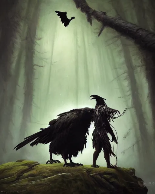 Prompt: oil painting of a Anthropomorphized bear shaman transforming into a raven, sharp focus, heroic pose, fantasy style, octane render, volumetric lighting, 8k high definition, by greg rutkowski, highly detailed, trending on art Station, magic the gathering artwork, Woodland background, centered