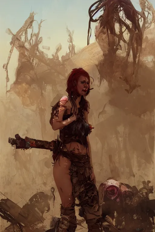 Image similar to a full body portrait of a beautiful post apocalyptic offworld butchers district bedouin blind pulp fiction scarlet wild rogue barbarian leper begging by the roadside, intricate, elegant, highly detailed, digital painting, artstation, concept art, smooth, sharp focus, illustration, art by krenz cushart and artem demura and alphonse mucha