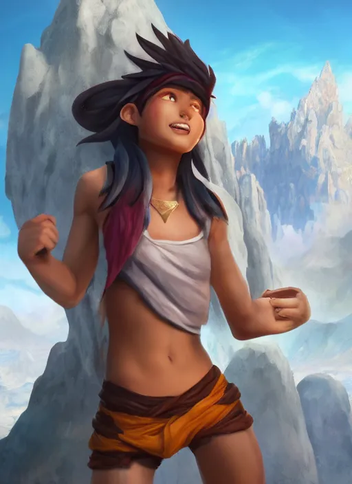 Prompt: youthful taliyah, from league of legends, au naturel, with abs, rock surfer, hyper detailed, mountain background, digital art, trending in artstation, cinematic lighting, studio quality, smooth render, unreal engine 5 rendered, octane rendered, art style by klimt and nixeu and ian sprigger and wlop and krenz cushart