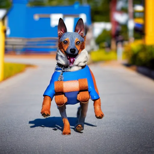 Image similar to blue heeler dog on a bike, 8 k photography, blurred background of a wafflehouse