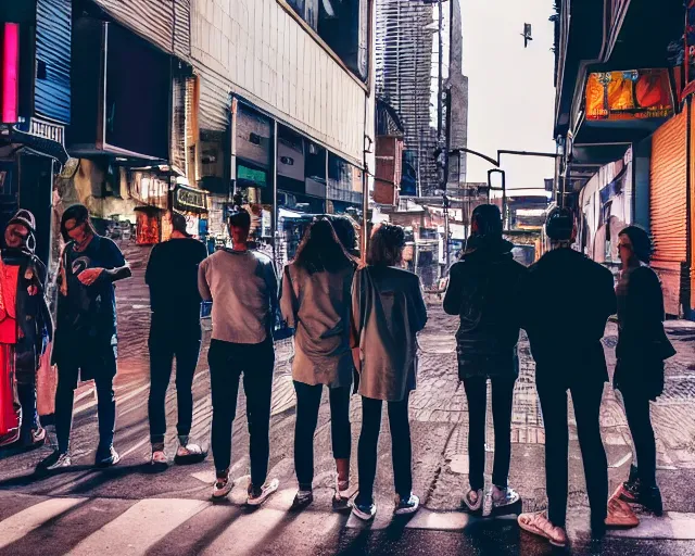 Prompt: group of people standing on a street corner in a cyberpunk city