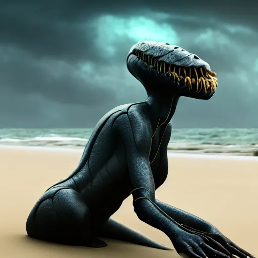 Image similar to a stunning cinematic wide shot of a beautiful confident slick sleek smooth humanoid sea monster wearing clothes made of seaweed on a dark stormy beach, well designed perfect with huge sad eyes, sharp claws, cgsociety, hd octane render, fantasy, furry art, artstation, deviantart, furaffinity, very very clean