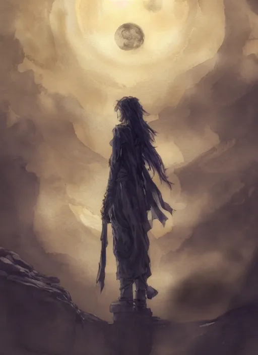 Image similar to portrait, dream wanderer and the moon, watercolor, dramatic lighting, cinematic, establishing shot, extremely high detail, foto realistic, cinematic lighting, pen and ink, intricate line drawings, by Yoshitaka Amano, Ruan Jia, Kentaro Miura, Artgerm, post processed, concept art, artstation, matte painting, style by eddie mendoza, raphael lacoste, alex ross