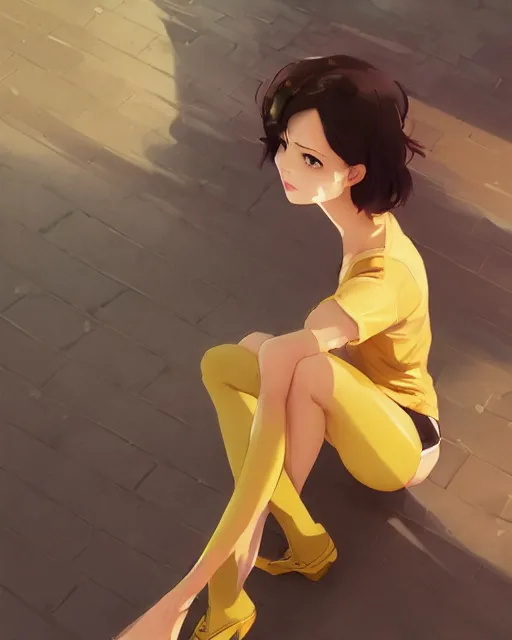 Prompt: a woman, short pink hair, yellow eyes, sitting crisscross, sexy outfit, top down perspective, medium shot, visible face, detailed, perfectly shaded body, perfectly shaded face, atmospheric lighting, by makoto shinkai, stanley artgerm lau, wlop, rossdraws