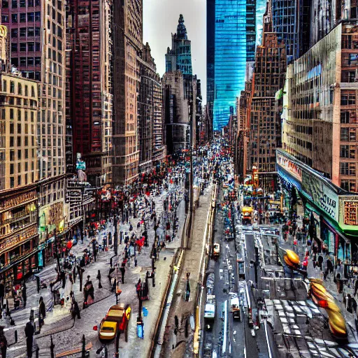 Prompt: high definition photograph, miniature effect, tilt shift effect, tilt shift lens : ( subject = new york broadway + subject detail = city street, crowded, high detail )