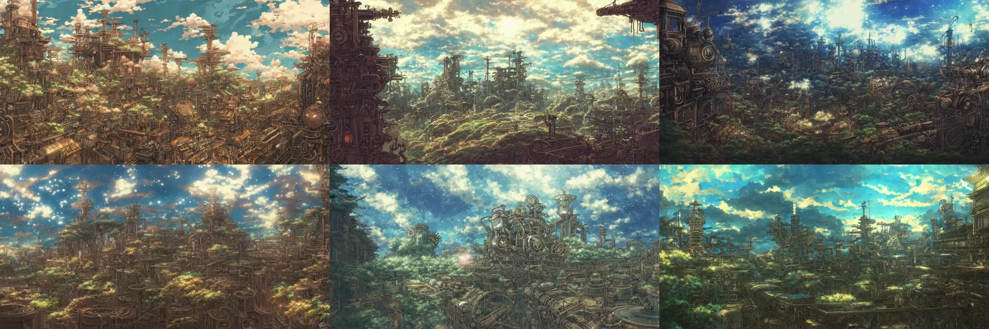 Prompt: steampunk anime landscape, highly detailed, anime, full - color, beautiful, ghibli inspired, mesmerizing, concept art, artstation, trending, behance, deviantart, by hideyuki morioka, akio watanabe, ito ogure, vofan, hayao miyazaki