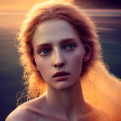Image similar to photographic portrait of a stunningly beautiful european renaissance female in soft dreamy light at sunset, beside the river, soft focus, contemporary fashion shoot, in a denis villeneuve and tim burton movie, by edward robert hughes, annie leibovitz and steve mccurry, david lazar, jimmy nelsson, extremely detailed, breathtaking, hyperrealistic, perfect face, octane render