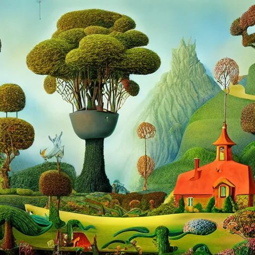 Prompt: a magical realism landscape in wonderland with house and trees by jacek yerka and salvador dali, detailed matte painting, 8 k resolution