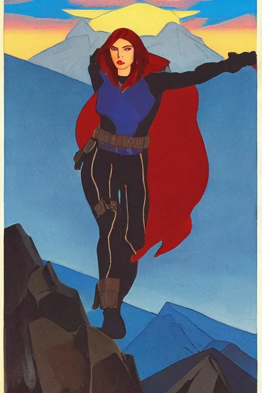 Image similar to black widow ( natasha romanova ) on mountains, marvel, artwork by nicholas roerich,