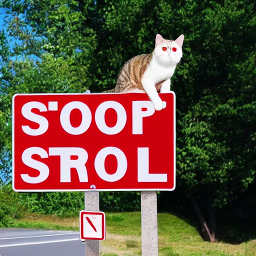 Image similar to an angry cat pointing at you while holding a stop sign at the same time