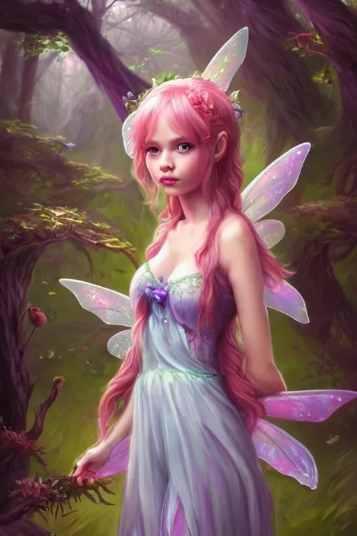 Image similar to a cute fairy in the dreamy forest, fantasy, 8 k resolution, hyper detailed, d & d, character design, digital painting, trending on artstation, sharp focus, illustration, art by artgerm, steve zheng, fuji choko, viktoria gavrilenko, hoang lap