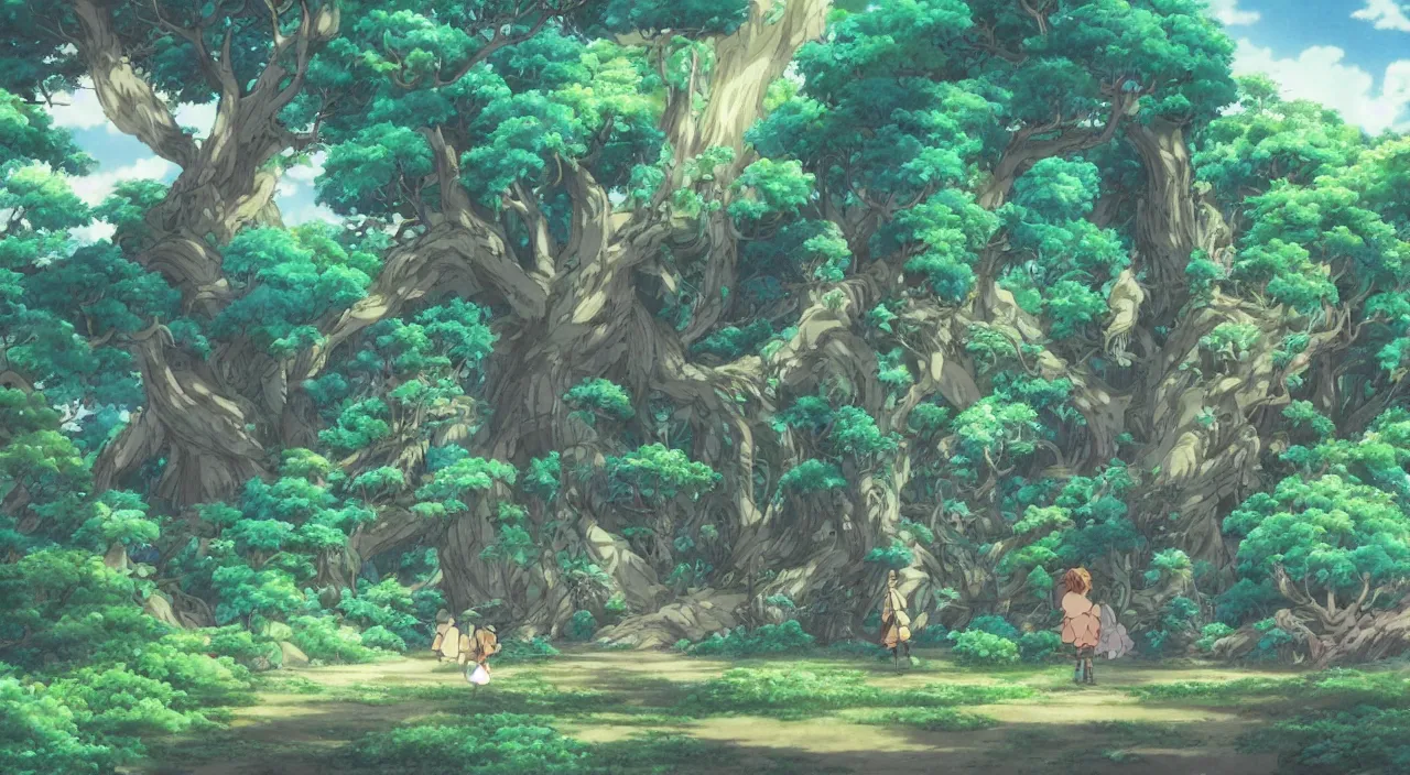 Prompt: studio ghibli anime still of a fantasy forest, magical creatures, mythical, key anime visuals