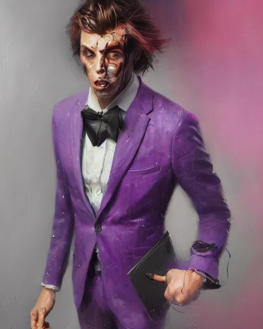 Image similar to A hyper realistic oil painting of a man in his twenties dressed in a purple suit, clean shaven, insane sharp looking face, messy hair, blood on the suit, by Greg Rutkowski, trending on artstation, 4k, creepy lighting