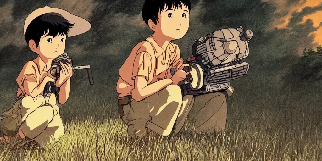 Image similar to Film still from Grave of the Fireflies (1988), evening, Studio Ghibli, Artstation