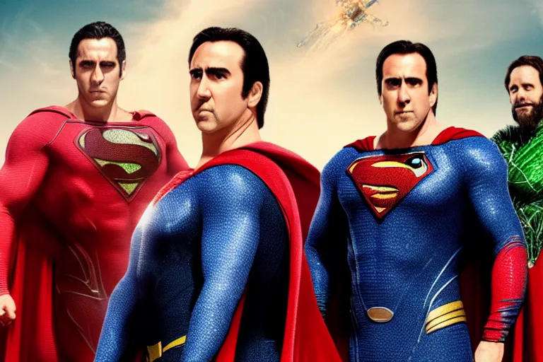 Image similar to film still of Nicolas Cage as Superman in Justice League movie, 4k