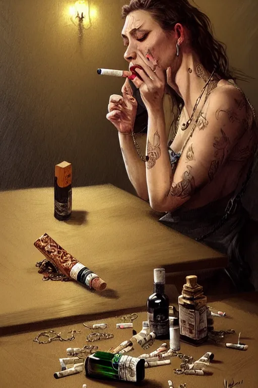 Image similar to dirty faced and very tired womanlooking pile smoking a winebottle, drugs, cigarrette boxes at the table, fantasy, intricate, elegant, highly detailed, digital painting, artstation, concept art, addiction, chains, smooth, sharp focus, illustration, art by Ilja Repin