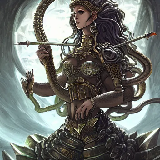 Image similar to torquoise armored medusa holding a spear, snake hair, snake hair, snake hair, medusa, medusa!, pillars background with ruined and statues, fantasy game art, fantasy rpg, league of legends