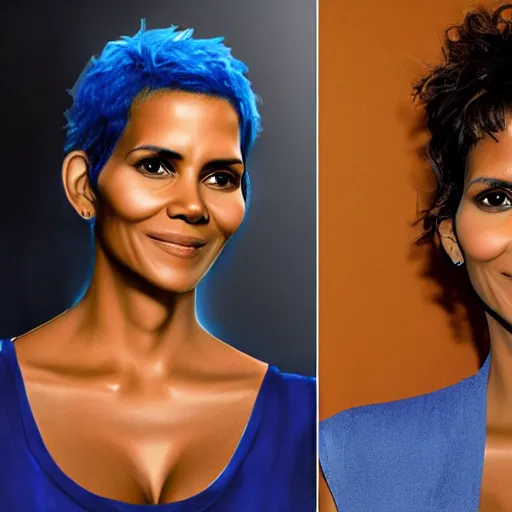 Prompt: an anthropomorphic blueberry with the face of halle berry