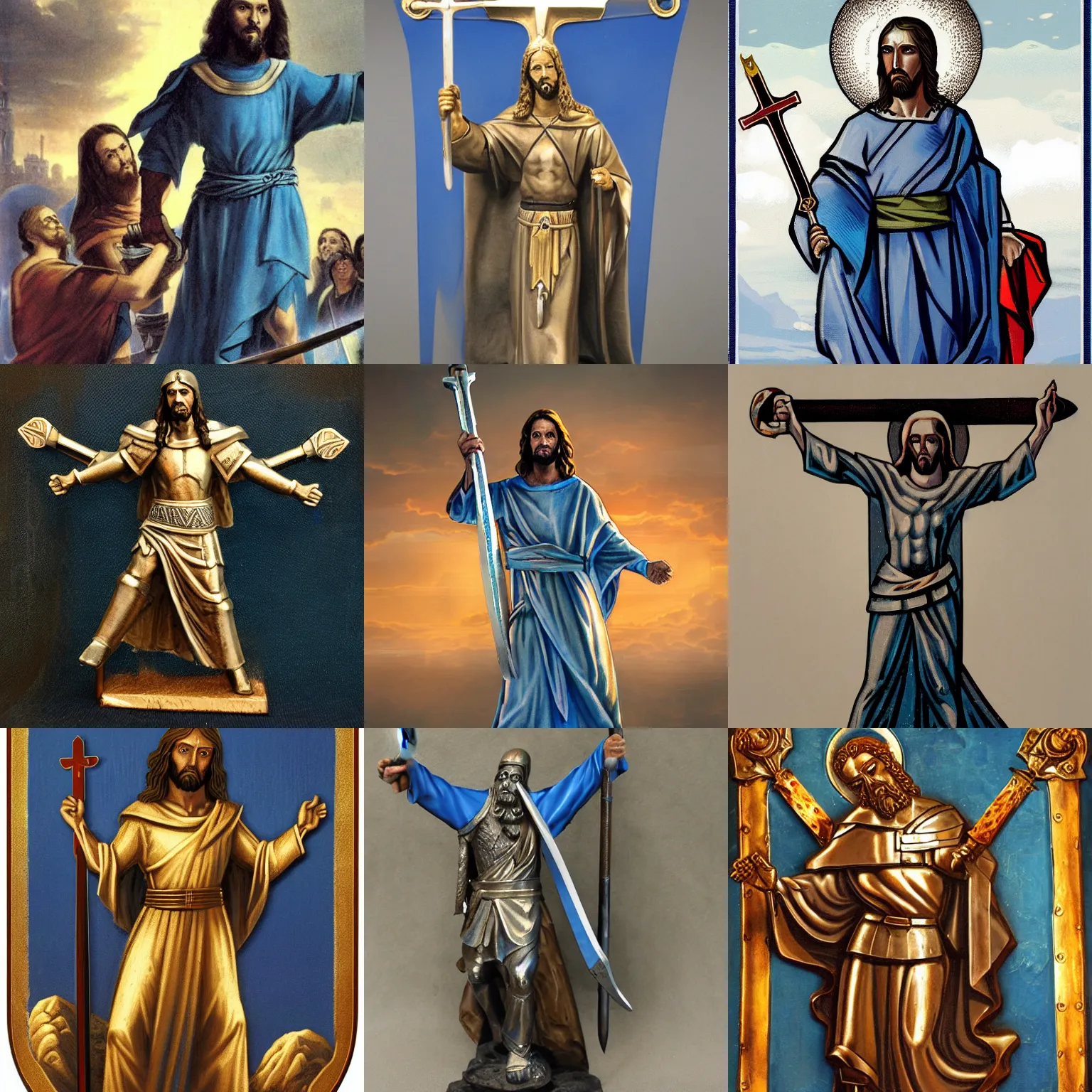 Prompt: ironclad jesus, blue shield, jumbo sword