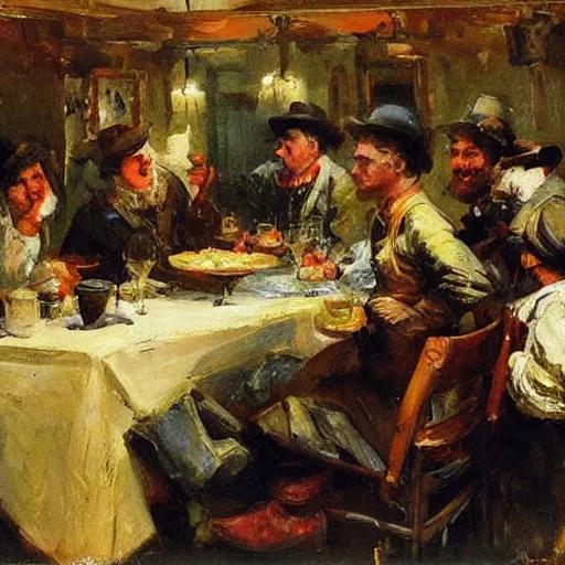 Image similar to a beautiful sculpture of a group of people gathered around a table in a tavern. they are all eating and drinking, and appear to be enjoying themselves. buff by arthur streeton playful, incredible