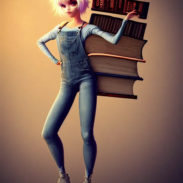 Image similar to full body pose, beautiful adult fairy, pixar, short white hair shaved sides, dirty, grungy, grunge, long sleeve, painted overalls, stacks of giant books, highly detailed, 4 k, hdr, smooth, sharp focus, high resolution, award - winning photo, artgerm, photorealistic