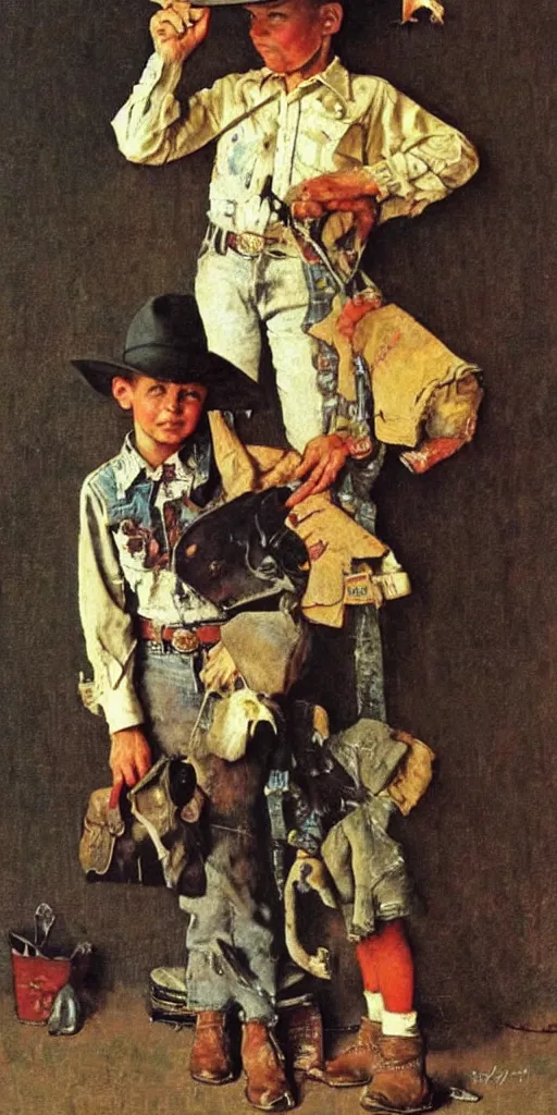 Prompt: “ ( ( ( ( ( cowboy wearing a tiny hat ) ) ) ) ) by norman rockwell!!!!!!!!!!!!!!!!!!!!! ”