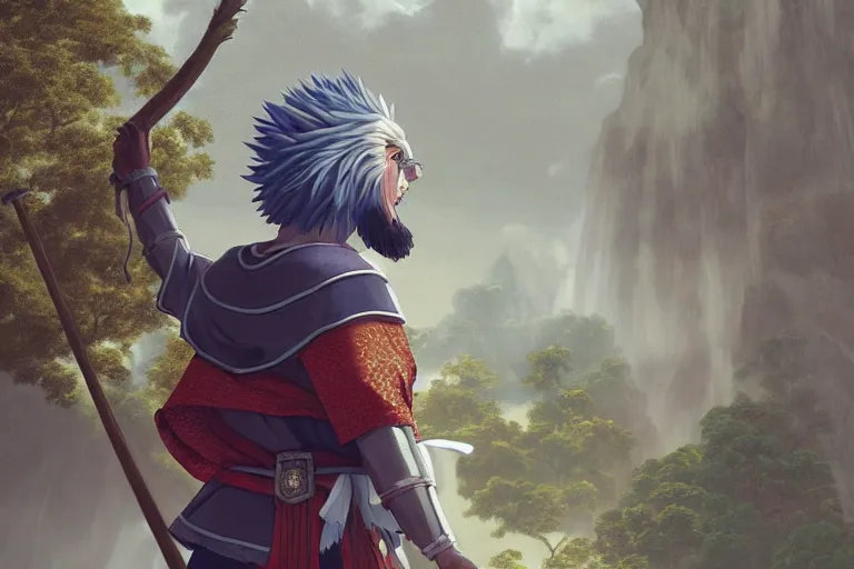 Image similar to a detailed 3 d render of king richard the lionhearted as a shonen anime protagonist, poncho, 1 8 th century south america, octane render, 8 k, volumetric lighting, in the style of disney, art by albert bierstadt and greg rutkowsi