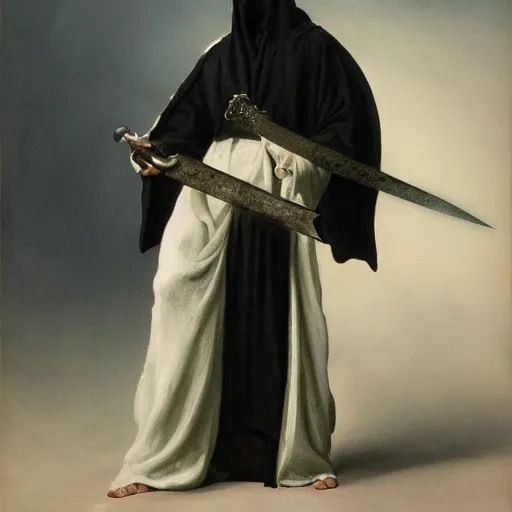 Prompt: fantasy painting of a pale man dressed in robes with a black blade, painted by Zdzlaw Bekinski and Bayard Wu, ultra detailed, 8k