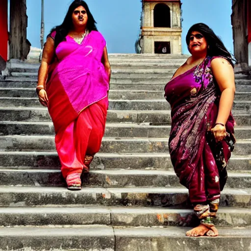 Image similar to an obese Indian woman and Jodie Marsh on steps in Porto, greg rutkowski