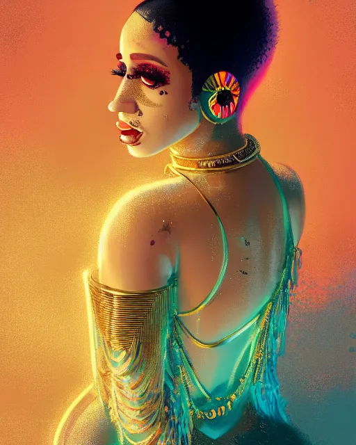 Prompt: Cardi B bathing in a gold tub, futuristic neon, decorated with traditional Japanese ornaments by Ismail inceoglu dragan bibin hans thoma greg rutkowski Alexandros Pyromallis Nekro Rene Maritte Illustrated, Perfect face, fine details, realistic shaded, fine-face, pretty face