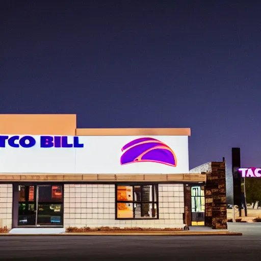 Image similar to cinematic fill still of a Taco Bell in the desert, Sigma 500mm f/5 shot from a far at night