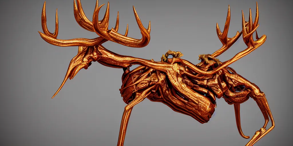 Image similar to stylized shiny polished gold statue full body bizarre extra limbs cosmic horror quadruped animal moose deer skull four legs made of marble of slug worm creature tendrils perfect symmetrical body perfect symmetrical face hyper realistic hyper detailed by johannen voss by michelangelo octane render blender 8 k displayed in pure white studio room anatomical deep red arteries veins flesh hell