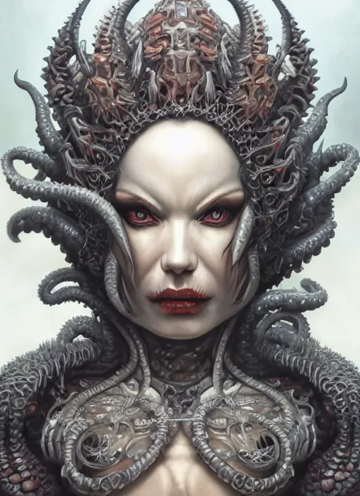 Prompt: a hyper detailed face portrait of the queen of blades, diablo 4 lilith, sideshow figurines, cthulu, by yusuke murata, by hiroya oku, by dorian cleavenger, by tom bagshaw, by zdzisław beksinski, trending on artstation