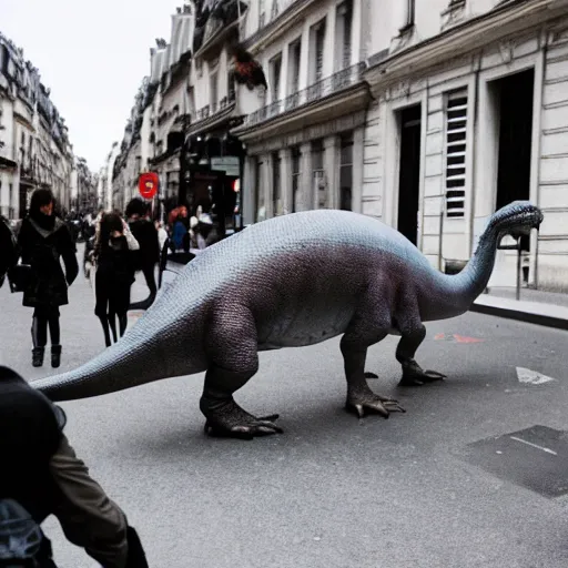 Image similar to french dinosaur walking in the streets of paris, 3 5 mm