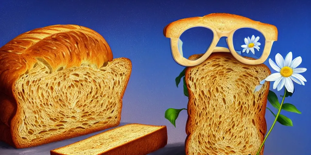 Image similar to epic professional digital art of a bread toast!!! wearing 👓!!!! and a blue flower!!!!, best on artstation, cgsociety, much detail, much wow, masterpiece