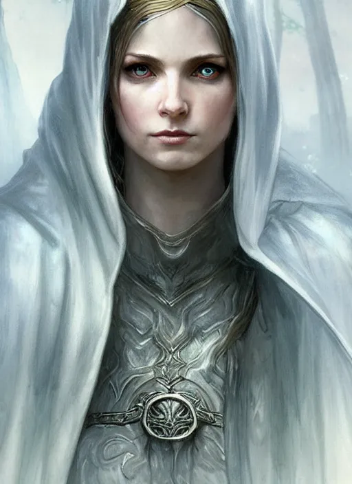 Image similar to Portrait of a beautiful female elven warrior, white glowing eyes, lord of the rings, cloak, female, fantasy, extremely detailed, digital painting, artstation, concept art, smooth, sharp focus, illustration, stunning lighting, art by artgerm and greg rutkowski and alphonse mucha and simon stalenhag, realistic character concept, high fantasy, light atmosphere, golden ratio, cinematic lighting, hyperdetailed, high resolution, insanely detailed and intricate, artstation, Marc Simonetti, Greg Rutkowski, 8k