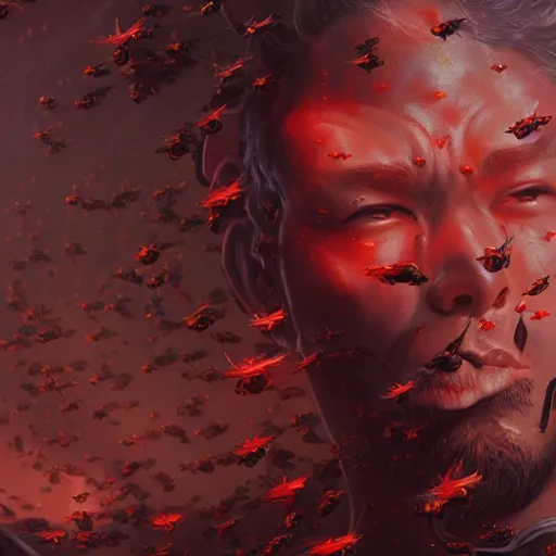 Prompt: Justin Sun covered in crimson-black bee swarm, close up, high quality 8k octane render by Peter Mohrbacher