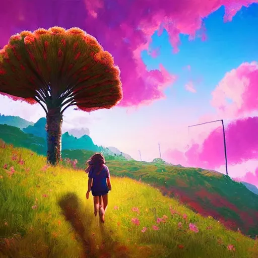 Image similar to giant carnation flower as a head, girl hiking in the mountains, surreal photography, sunrise, dramatic light, impressionist painting, colorful clouds, digital painting, artstation, simon stalenhag