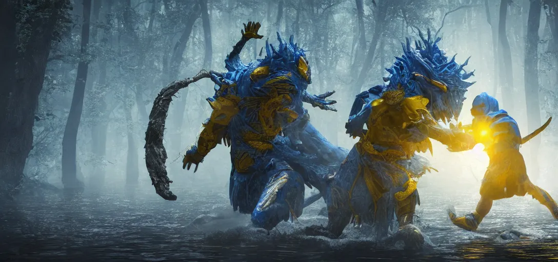 Image similar to a warrior in blue and yellow robes fighting a dark beast in a swamp, detailed face, luminescent eyes, sunny weather, rendered in octane, realistic, 8 k, vivid, intricate, detailed, mist, fog, dramatic light