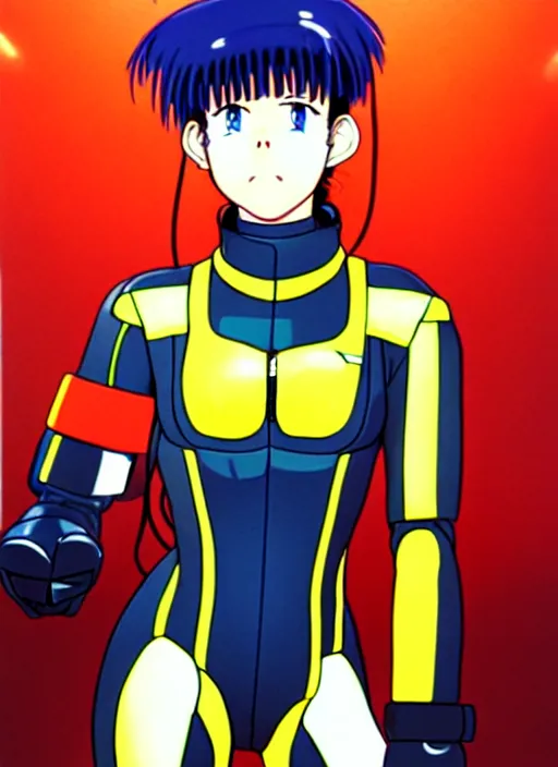 Image similar to Portrait of a female mech pilot in a latex bodysuit, 90s anime, cel-shaded, highly detailed, dramatic background, complementary lighting, poster