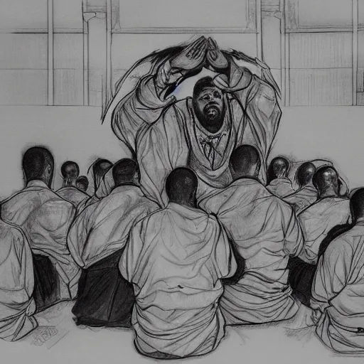 Prompt: pencil sketch of raekwon of wutang clan praying in front of a shaolin temple art by kim jung gi