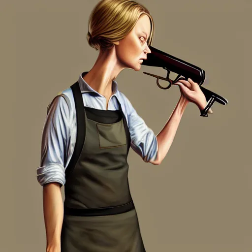 Image similar to portrait of jodie foster dressed an apron dress, carrying a shotgun, apocalypse, sharp focus, illustration, highly detailed, digital painting, concept art, art by wlop and greg cinematic lighting