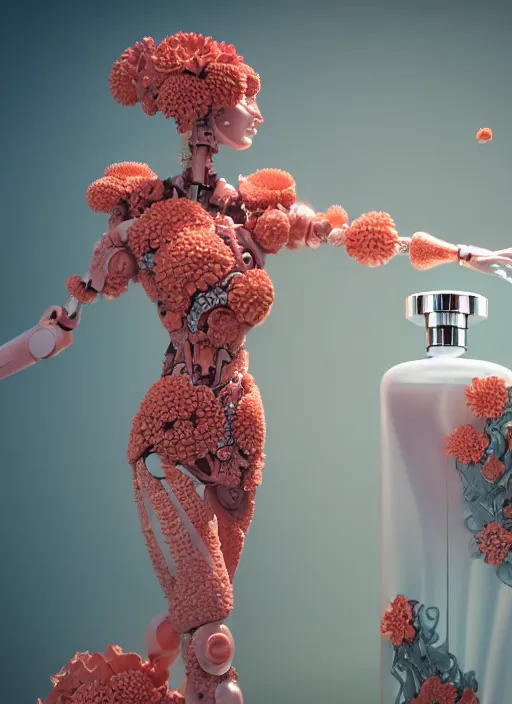 Image similar to biomechanical mannequin carrying perfume bottle enchanted coral kingdom made of corals, daisies, roses contoured smooth fair walls carrying perfume bottle, up close shot, sharp focus, global illumination, radiant light, alexandre ferra white mecha, irakli nadar, octane highly render, 4 k, ultra hd,